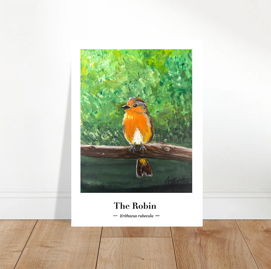 A fine art poster featuring an original illustration of the charming Robin.