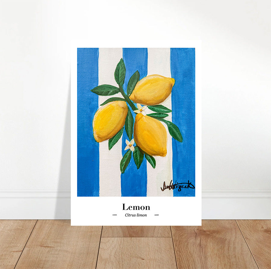 A fine art print featuring an original illustration of a summery lemon against a blue-striped background.