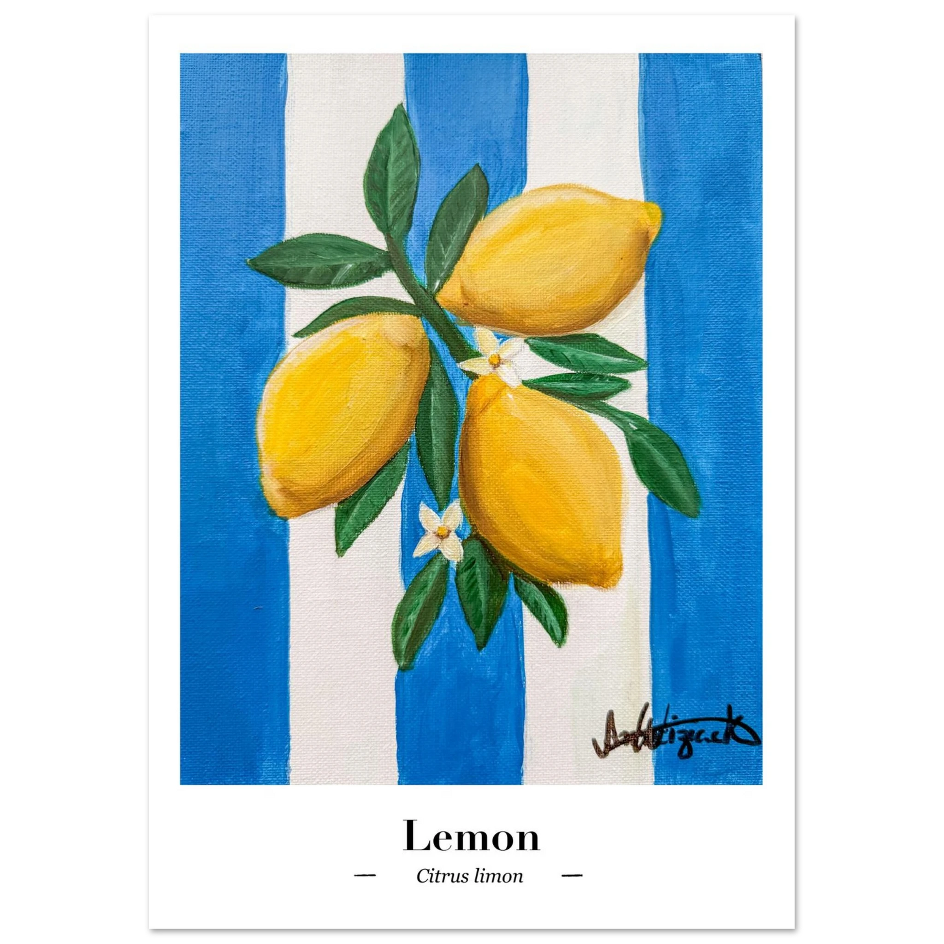 A fine art print featuring an original illustration of a summery lemon against a blue-striped background.