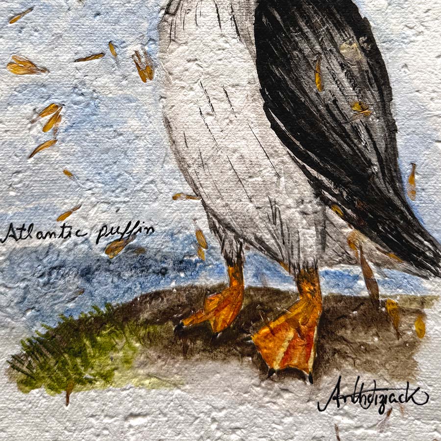 Artistic depiction of an Atlantic puffin with a textured background