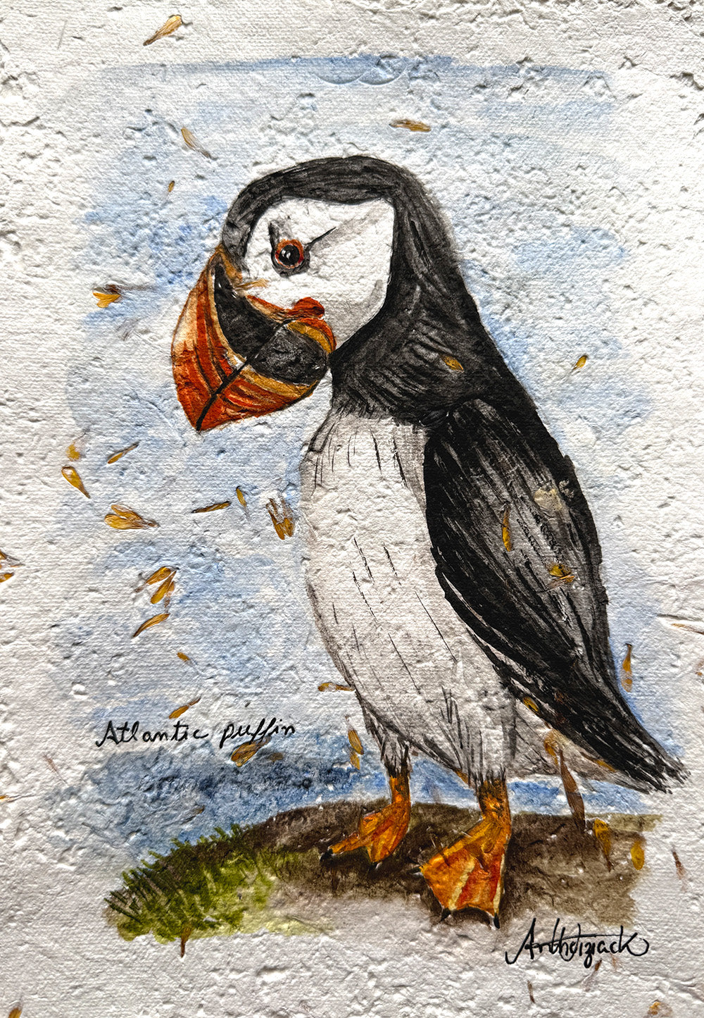 Artistic depiction of an Atlantic puffin on a textured white background