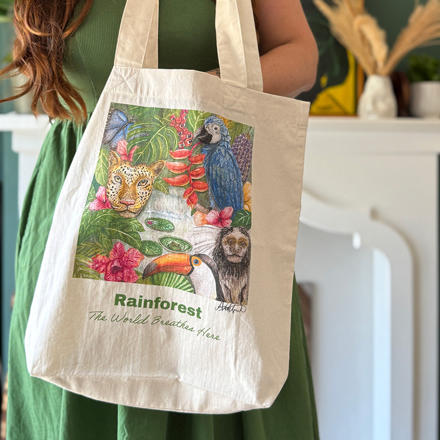 Natural Printed Eco Bag with animas and nature representing the rainforest