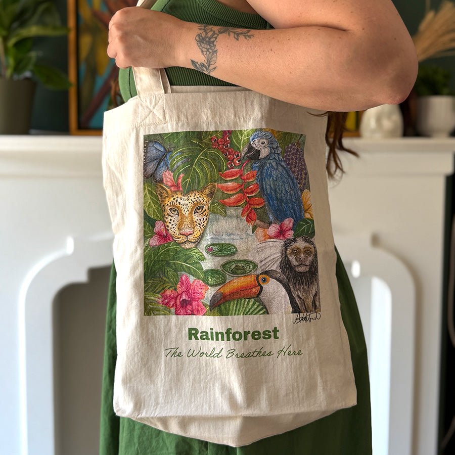 Natural Printed Eco Bag with animas and nature representing the rainforest