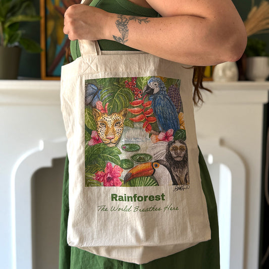 Natural Printed Eco Bag with animas and nature representing the rainforest
