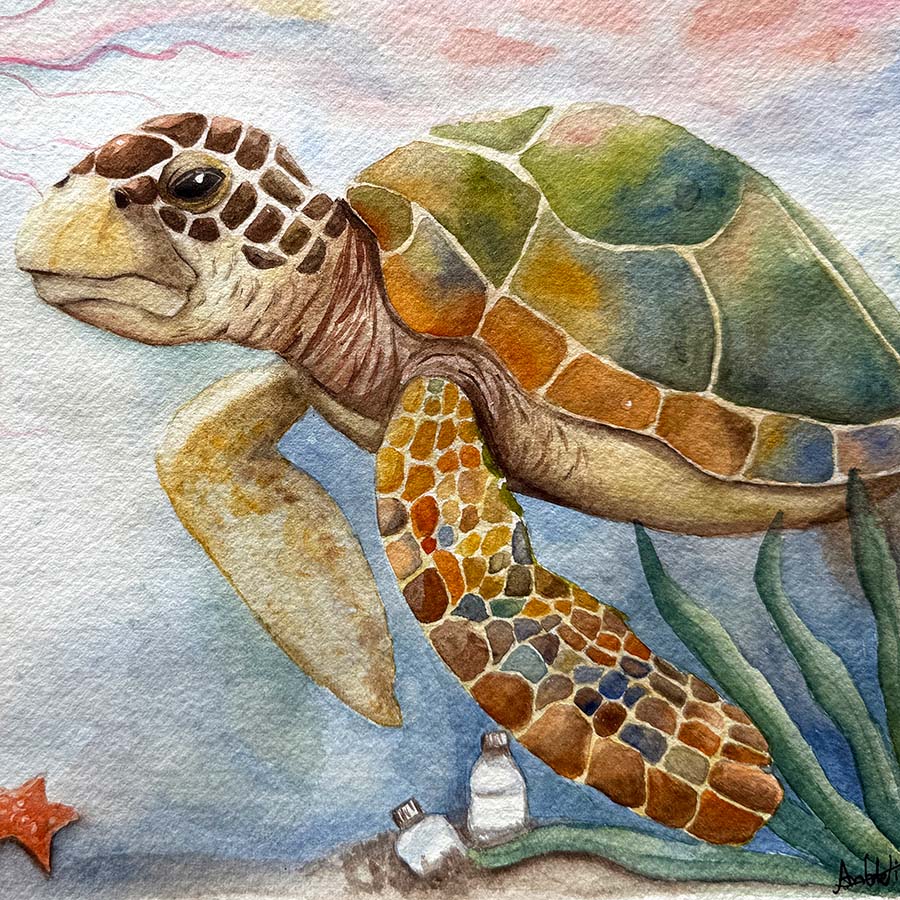 Colorful illustration of a sea turtle with a polluted ocean background