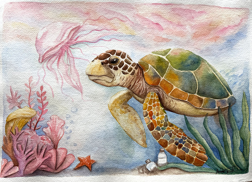 Colorful illustration of a sea turtle in an underwater scene with coral and plants.