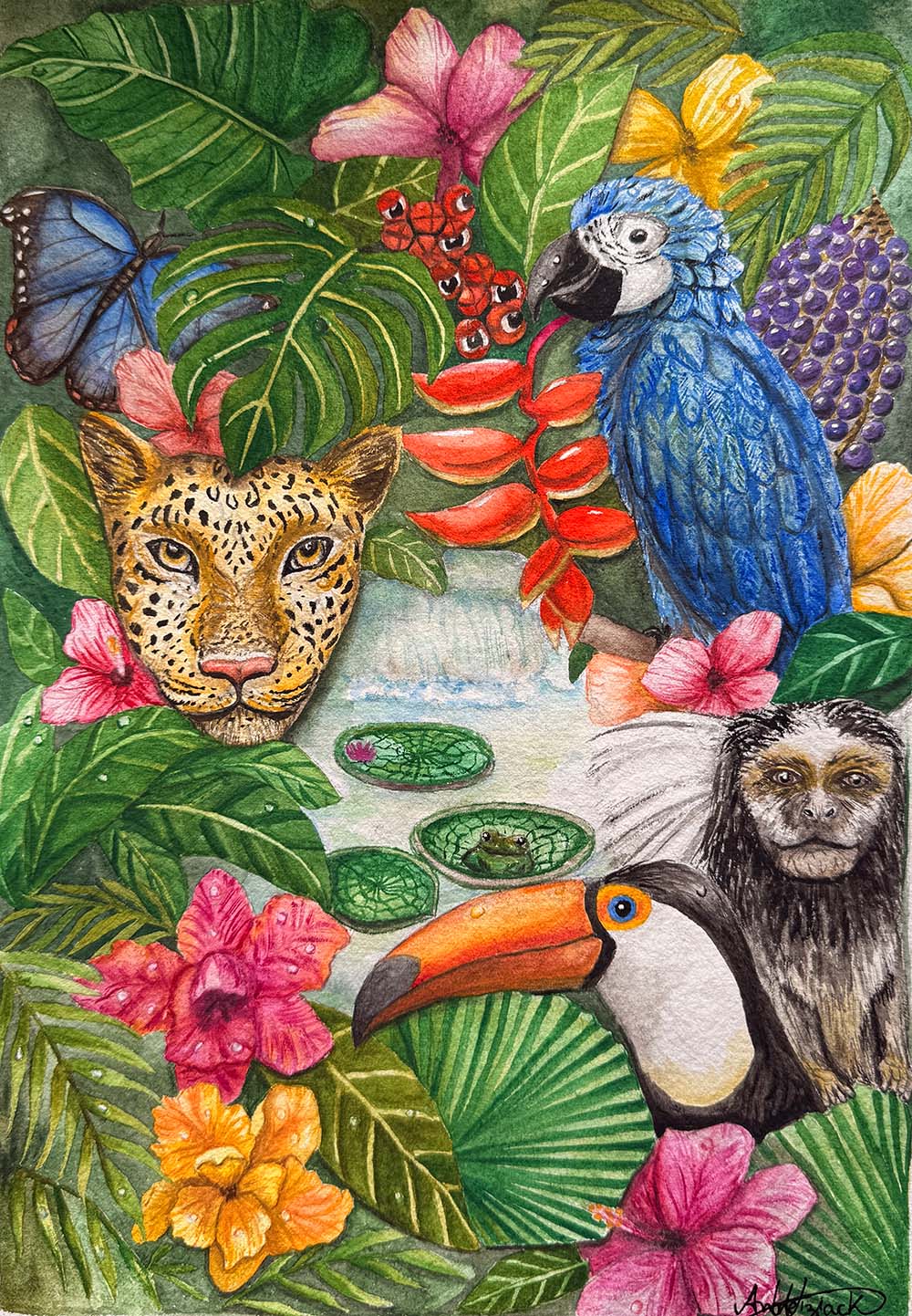 Illustration of a tropical scene with a leopard, parrot, toucan, and sloth among flowers and leaves.
