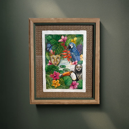 Framed artwork of animals and flowers on a green wall