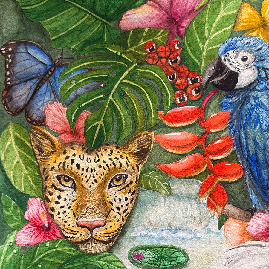 Illustration of a leopard surrounded by tropical plants, flowers, and a parrot.