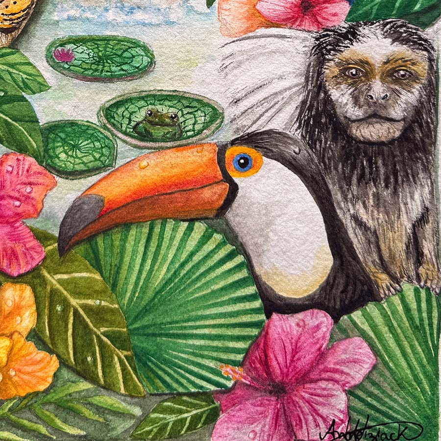 Illustration of a toucan and monkey surrounded by tropical plants and flowers