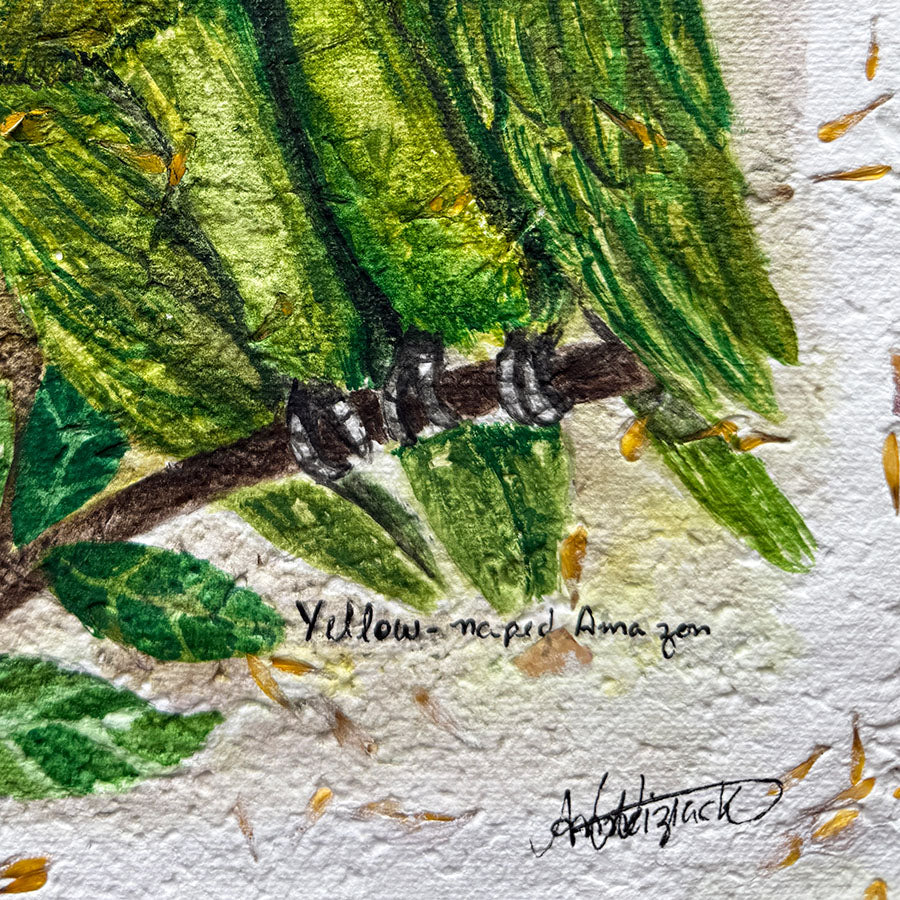 Artistic depiction of a bird on a branch with green leaves and small orange flowers.