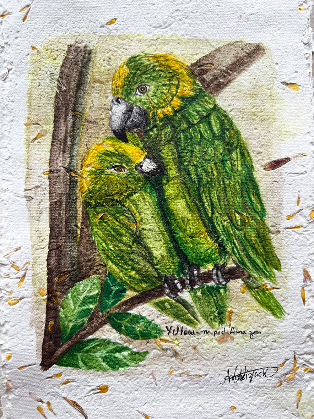 Artistic depiction of two green parrots on a branch with a textured white background.